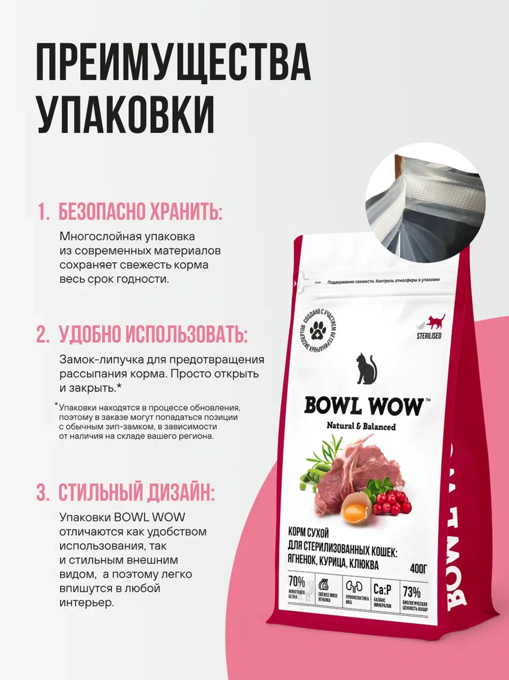 Сухой корм Bowl Wow для стерилизованных кошек, с ягненком, курицей и клюквой - 0,4 кг