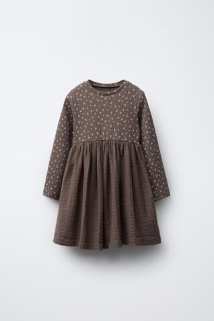 ZARA КОМБИНИРОВАННОЕ ПЛАТЬЕ В РУБЧИК С ЦВЕТОЧНЫМ ПРИНТОМ, ШОКОЛАДНЫЙ
