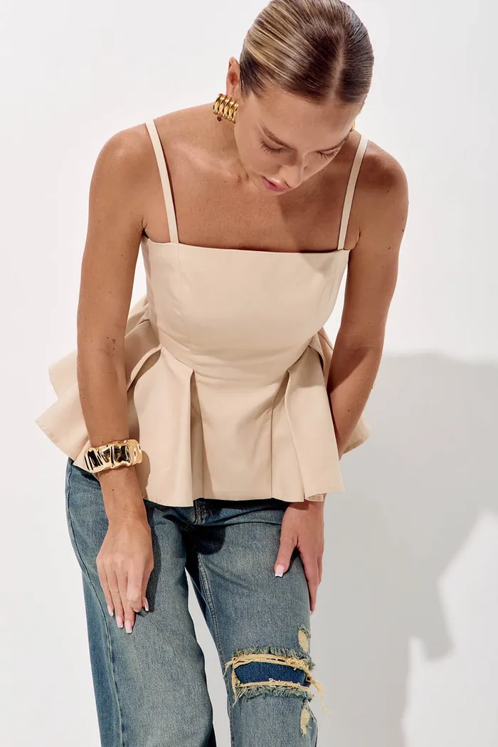 Корсет с баской из денима песочного цвета