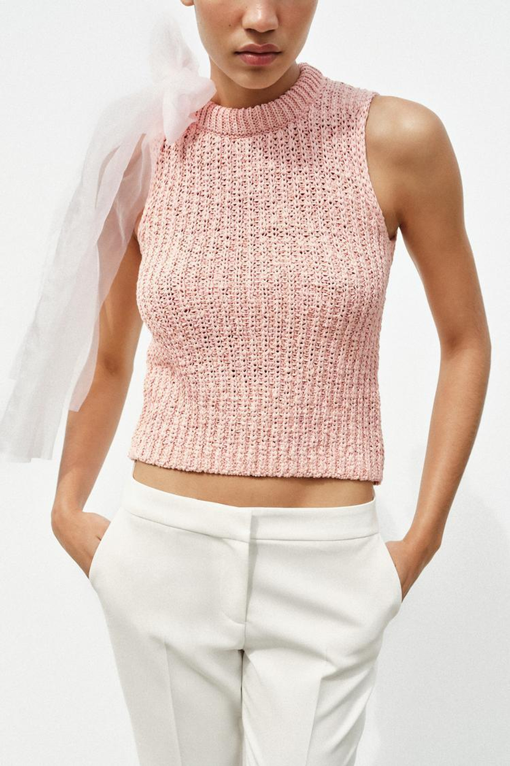 ZARA ТРИКОТАЖНЫЙ ТОП С БАНТОМ ИЗ ОРГАНЗЫ, РОЗОВЫЙ