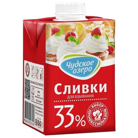 Сливки животные "Чудское Озеро" 33%, 500мл/упак