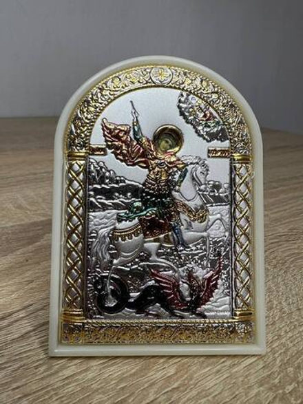 Георгий Победоносец, икона арочная, пластик белый, эмаль 80х115