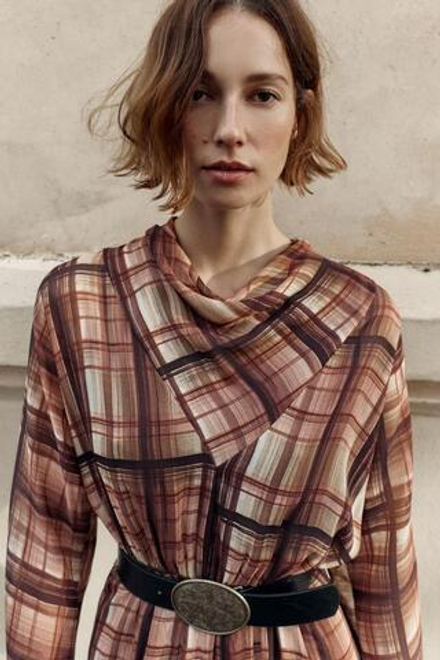 ZARA ПЛАТЬЕ МИДИ В КЛЕТКУ, КОРИЧНЕВЫЙ/ЭКРЮ