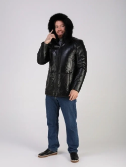 Куртка зимняя кожаная с капюшоном пуховик