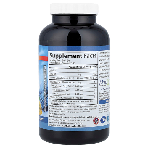 Carlson, Elite Omega-3 Plus D & K, натуральный лимонный вкус, 180 мягких таблеток