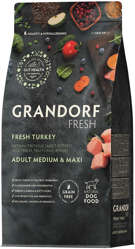 Grandorf Fresh 3кг Holistic Medium&amp;Maxi Turkey&amp;Sweet Potato Сухой корм для собак средних и крупных пород, свежее мясо индейки с бататом