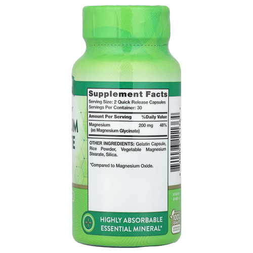 Nature's Truth, глицинат магния, хелатный, 60 капсул с быстрым высвобождением (100 мг в 1 капсуле)