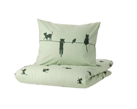 BARNDROM Пододеяльник и наволочка, кошачий узор/зеленый,150x200/50x60 cм
