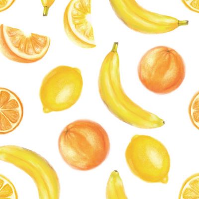 Апельсин, лимон, банан. Фрукты на белом фоне
