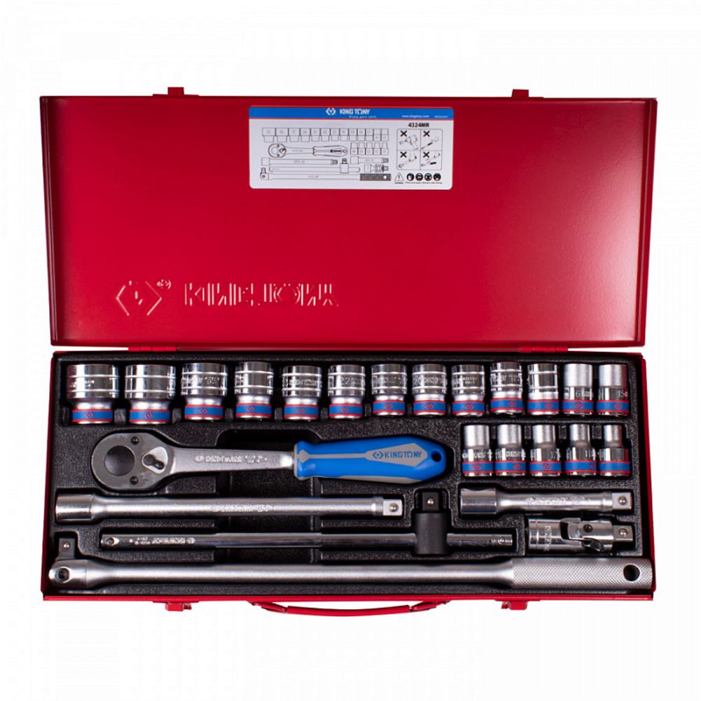KING TONY (4324MR) Набор торцевых головок с принадлежностями 1/2", 6-гранные, 10-32 мм, 24 предмета
