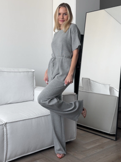 Комплект вязаный, удлиненная футболка на завязке и брюки