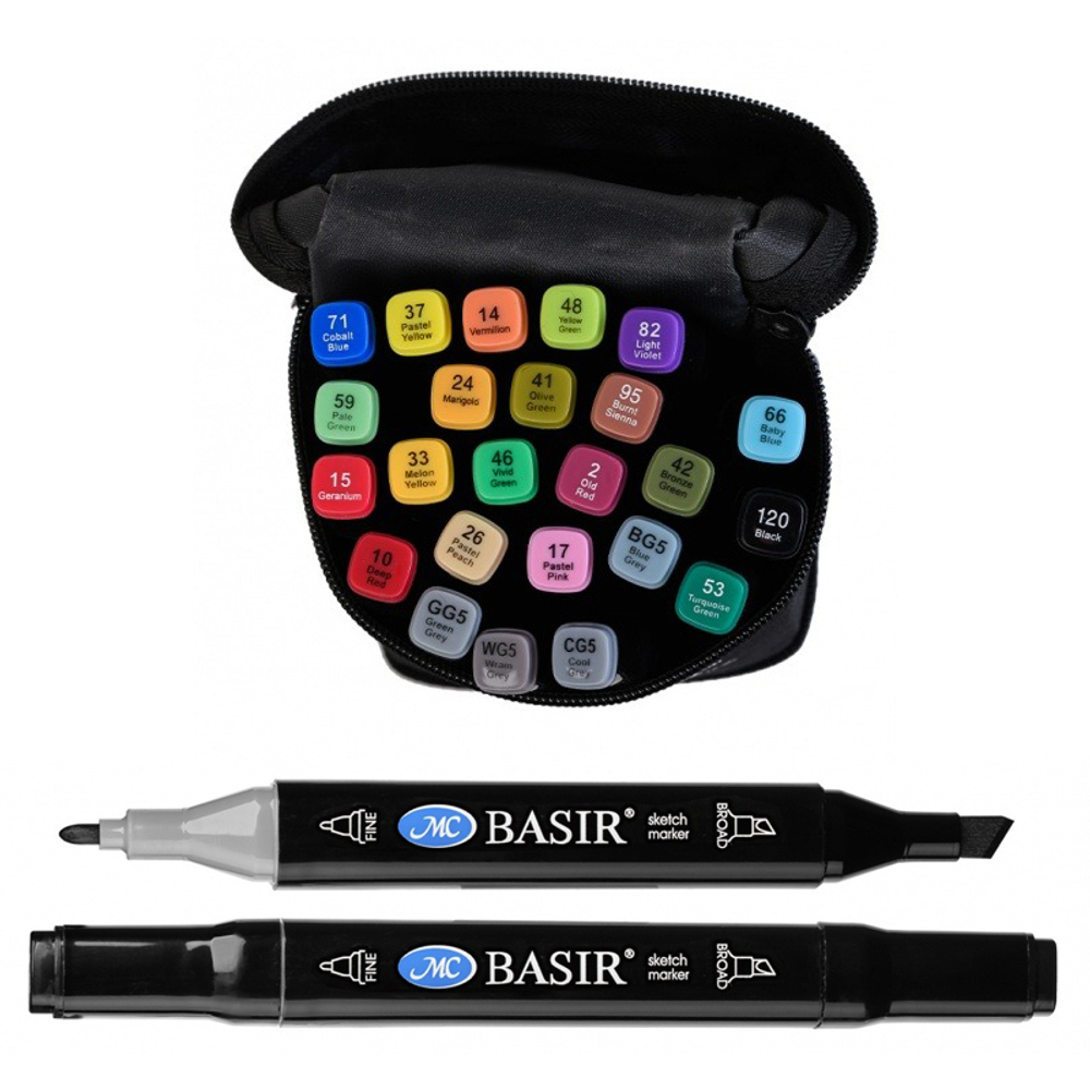 Маркер для скетчинга, двусторонние, Basir, четырёхгранные, 14 мм, спиртовые, 24 шт