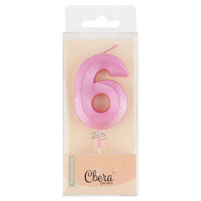 Свеча Цифра, 6 Грани, Розовый, Перламутр, 4,2*6 + 4,5 см, 1 шт. с держат.,