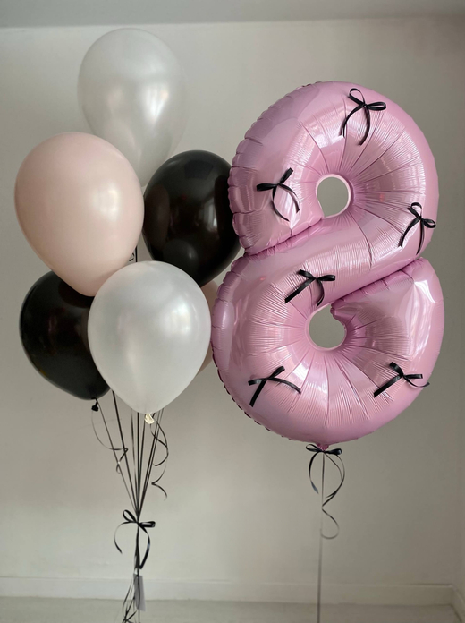 Воздушные гелиевые шары розовый/белый/черный бантики №4473
