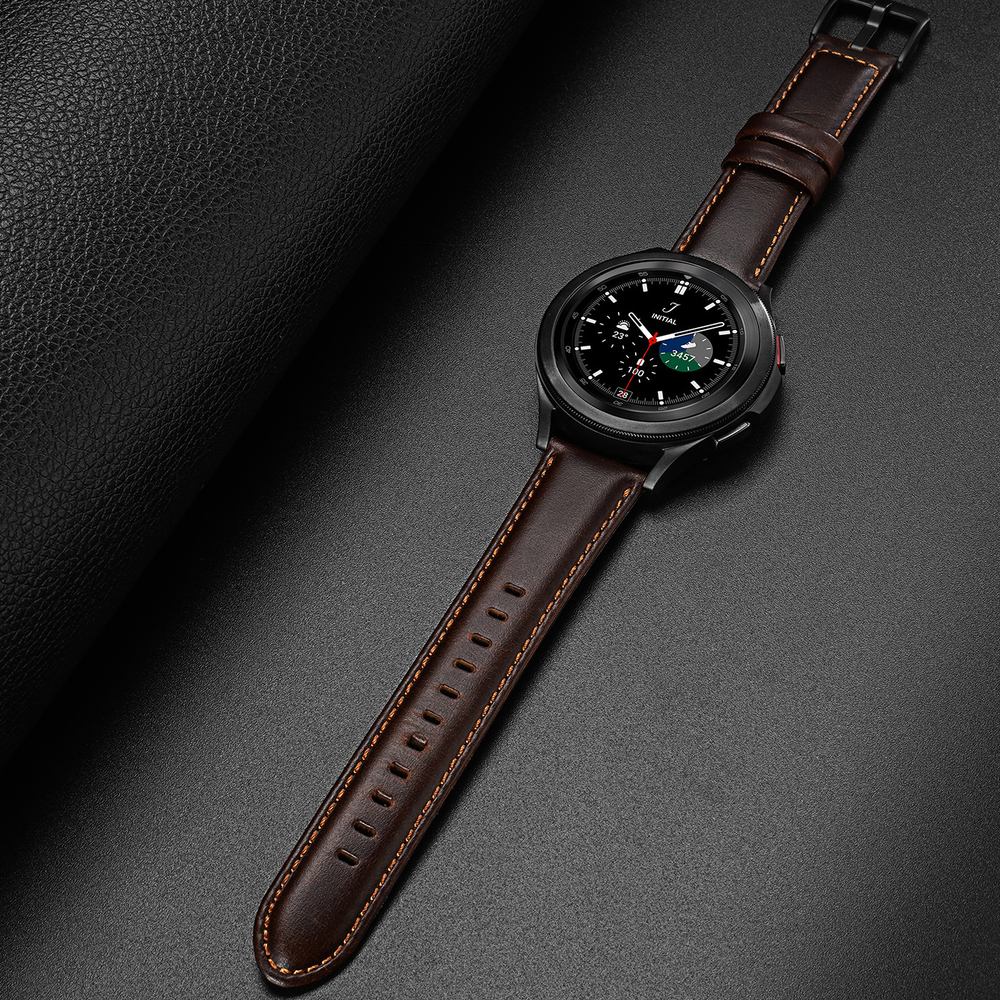 Ремешок из натуральной кожи коричневого цвета от Dux Ducis для смарт часов Samsung Galaxy Watch 3, 4, 5, 6 и 7 (размер крепления 20мм), серия Business Series