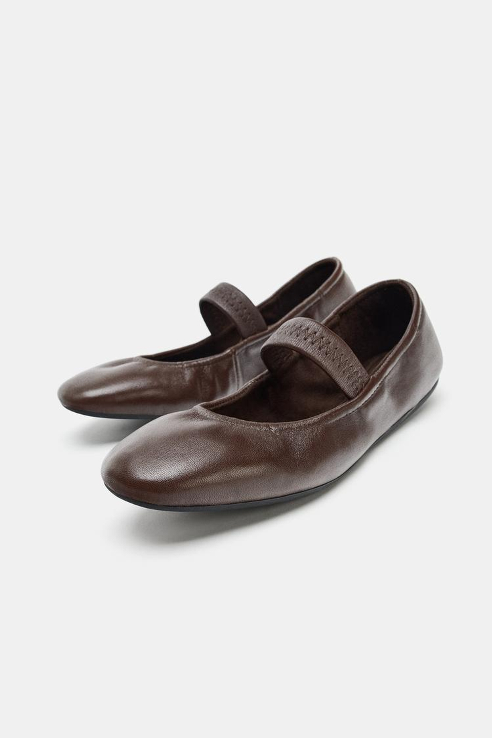 ZARA КОЖАНЫЕ БАЛЕТКИ С ЭЛАСТИЧНЫМ РЕМЕШКОМ, КОРИЧНЕВЫЙ