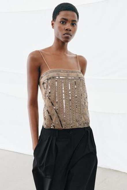 ZARA ТОП С БУСИНАМИ И ПАЙЕТКАМИ, ЗОЛОТИСТЫЙ