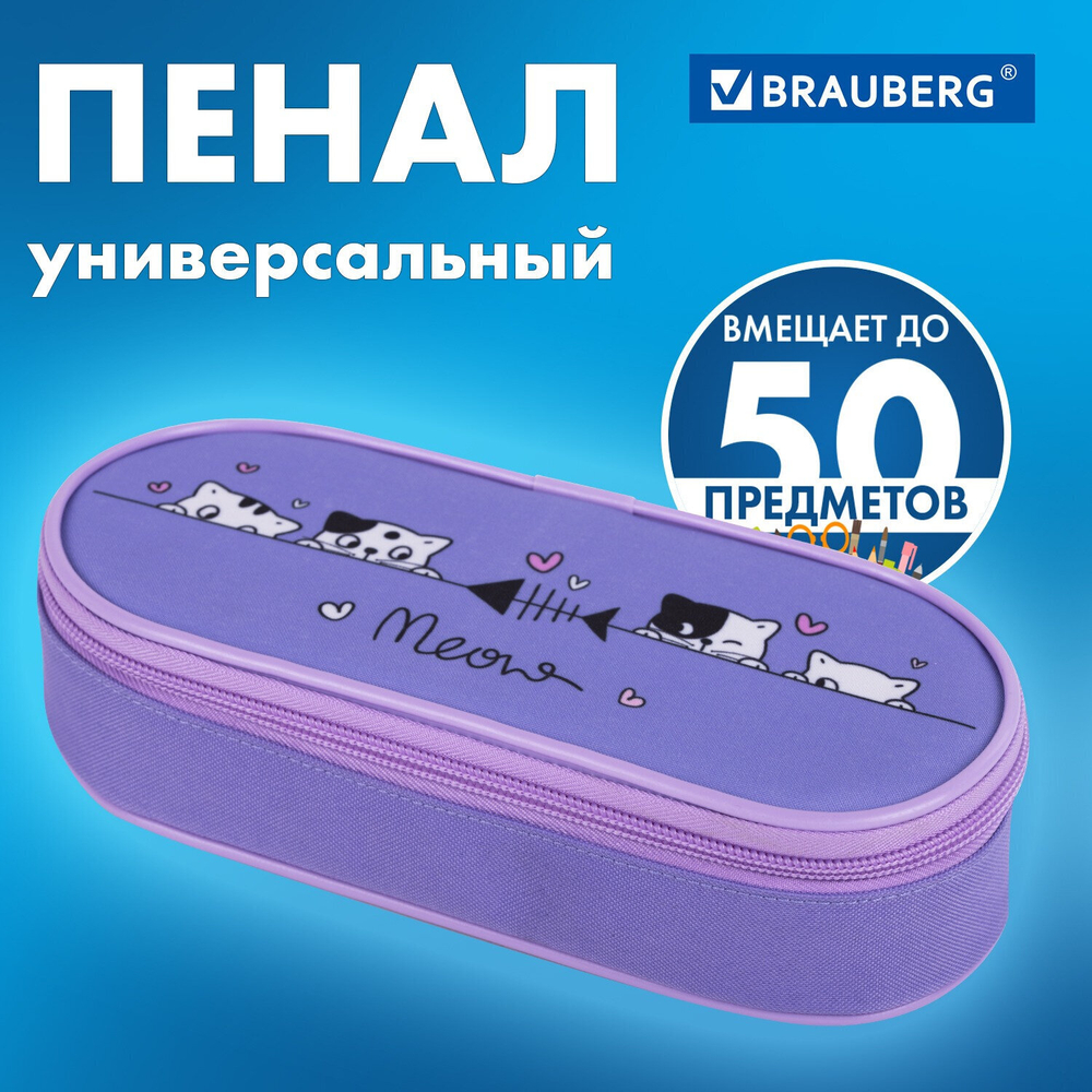 Пенал-футляр BRAUBERG 1 отделение органайзер полиэстер 22x9х5 см "Meow" (2 штуки в упаковке)