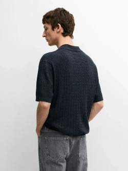 Massimo Dutti Вязаная рубашка-поло с короткими рукавами и узором «косичка», темно-синий