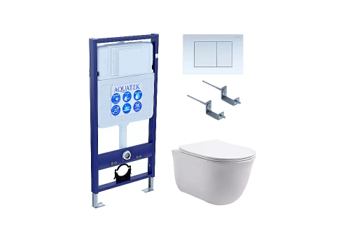 Унитаз с инсталляцией Aquatek Классик SET AQUATEK КЛАССИК-009 4в1 с белой кнопкой, с крышкой микролифт, безободковый