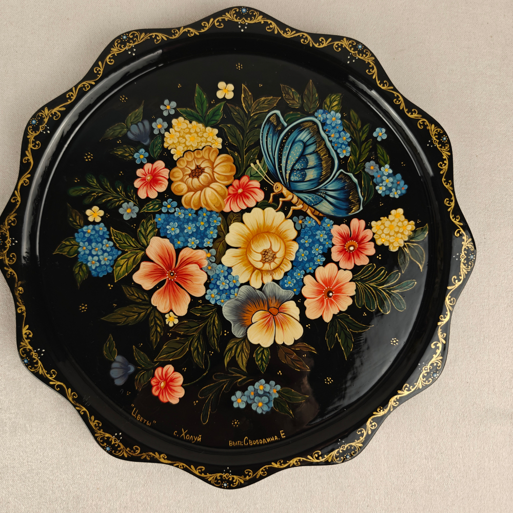 Коллекционная тарелка "Цветы" с росписью (лаковая миниатюра Холуй)