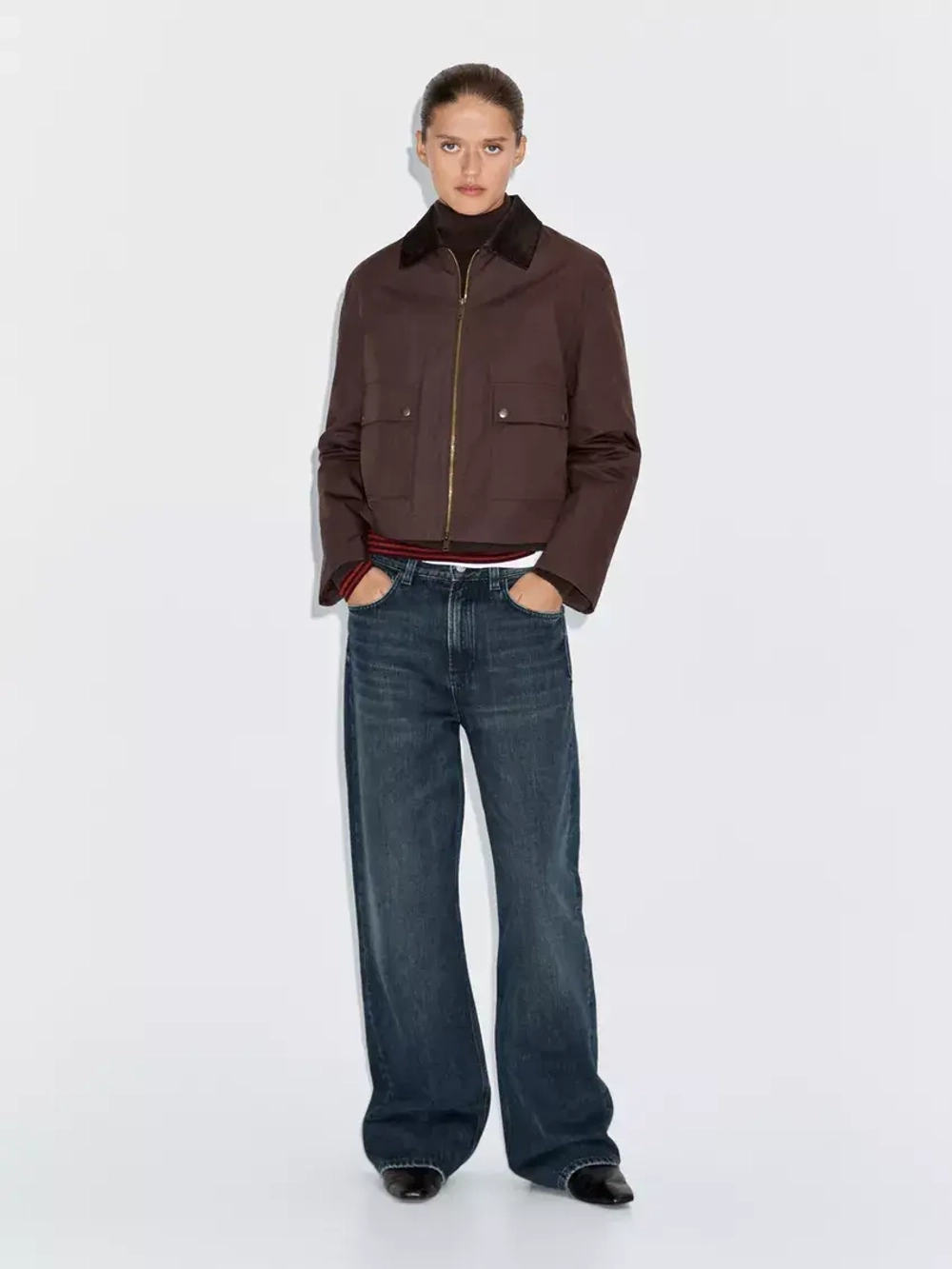 Massimo Dutti Короткая куртка с вельветовым воротником, бургунди