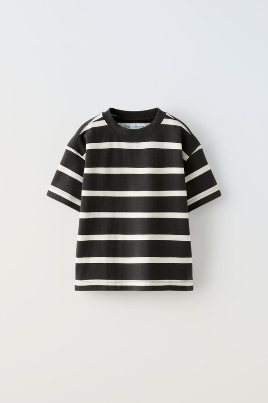 ZARA ФУТБОЛКА В ПОЛОСКУ HEAVY COTTON С НАШИВКОЙ, ЧЕРНЫЙ/ЭКРЮ