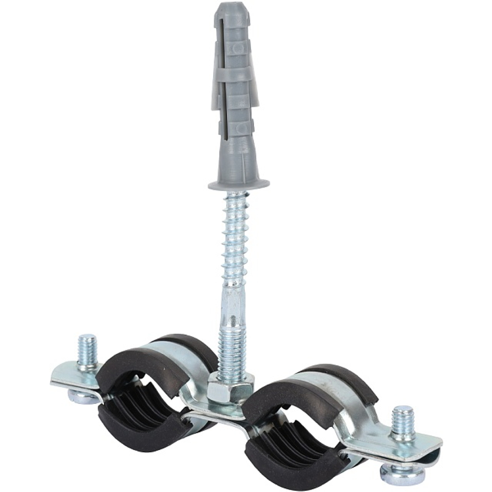 Хомут для труб двухвинтовой сдвоенный STOUT - 1/2" (20-24 мм, с шпилькой и дюбелем)