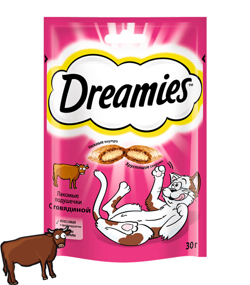 Лакомство Dreamies для кошек, лакомые подушечки с говядиной, 30 г