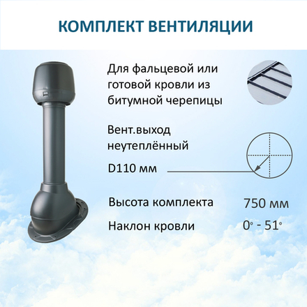 Комплект вентиляции: Колпак D110, вент. выход 110, для скатной кровли, серый