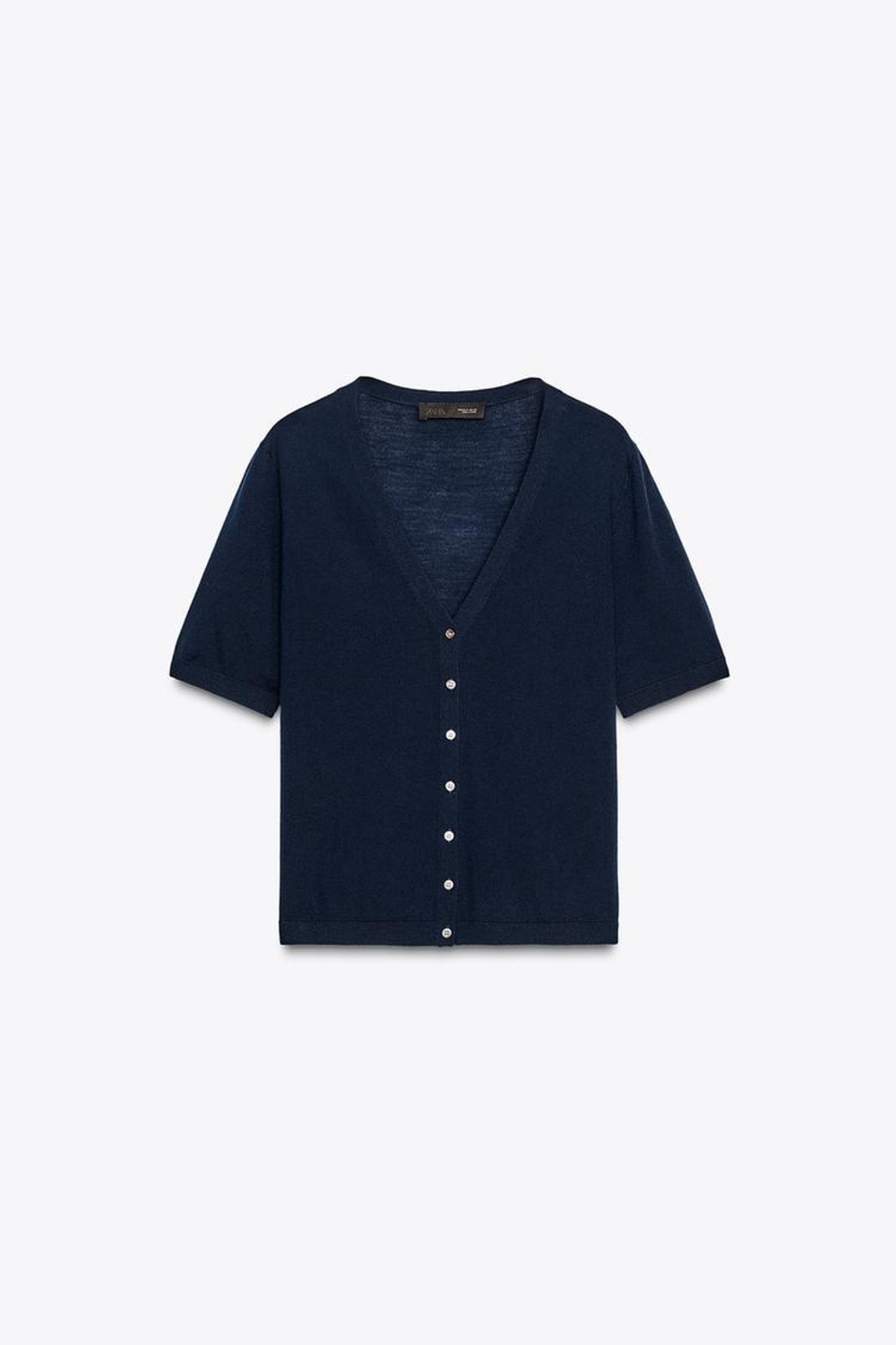 ZARA КАРДИГАН ИЗ 100% СВЕРХТОНКОЙ ШЕРСТИ С КОРОТКИМИ РУКАВАМИ, МОРСКОЙ СИНИЙ