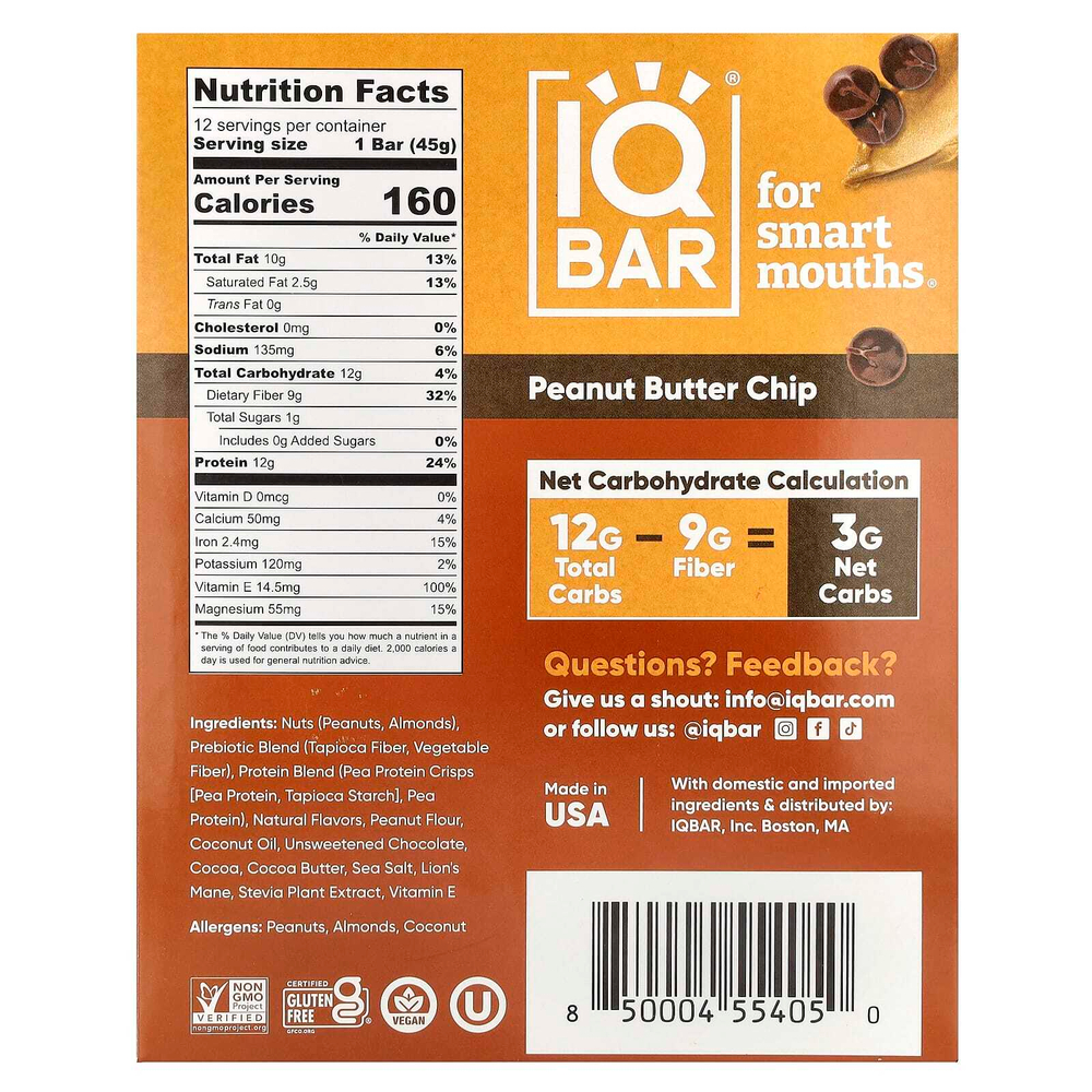 IQBAR, Арахисовая крошка, 12 батончиков по 45 г (1,6 унции)