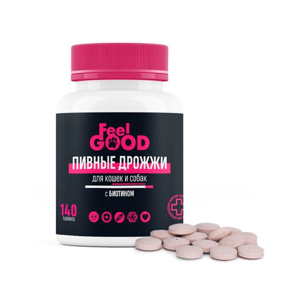 Кормовая добавка Пивные дрожжи Feel Good с биотином и чесноком, для кошек и собак, 140 таб. (1т 5кг)