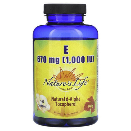 Витамин Е Nature's Life, Витамин E, 670 мг (1000 МЕ), 100 мягких таблеток
