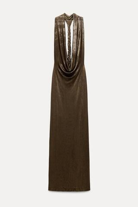 ZARA ДЛИННОЕ ПЛАТЬЕ ИЗ БЛЕСТЯЩЕЙ ТКАНИ С ГОРЛОВИНОЙ ХАЛТЕР, БРОНЗОВЫЙ