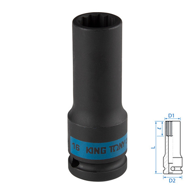 KING TONY (443016M) Головка торцевая ударная глубокая двенадцатигранная 1/2", 16 мм