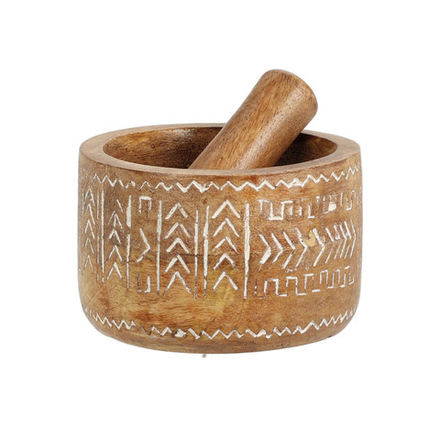 Ступка с пестиком из дерева манго Узор 10*10*6.5 см