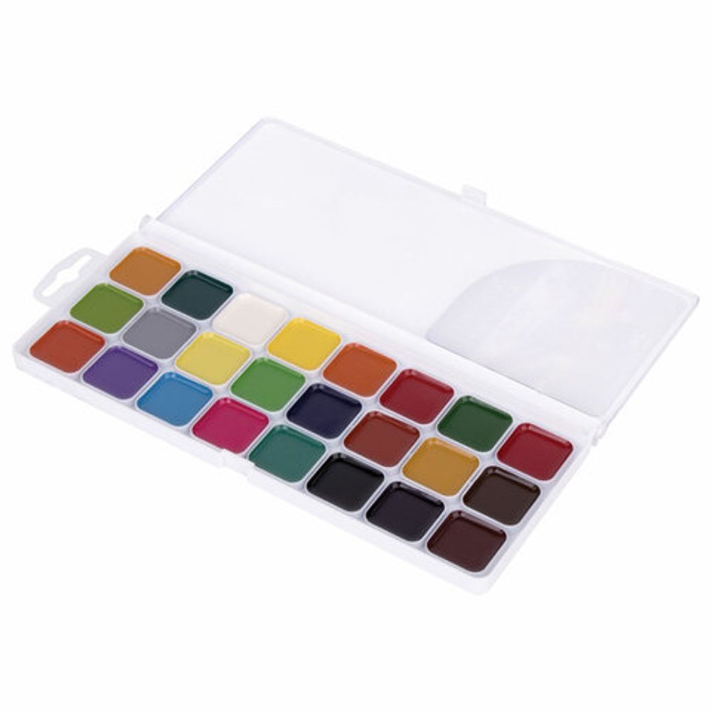 Краски акварельные BRAUBERG "АКАДЕМИЯ" 24 цвета, медовые, квадратные кюветы, пластиковый пенал, 191522