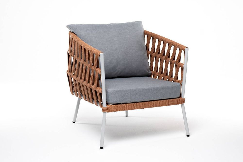 "Диего" кресло плетеное из роупа, каркас алюминий светло-серый (RAL7035) муар, роуп оранжевый меланж круглый, ткань светло-серая