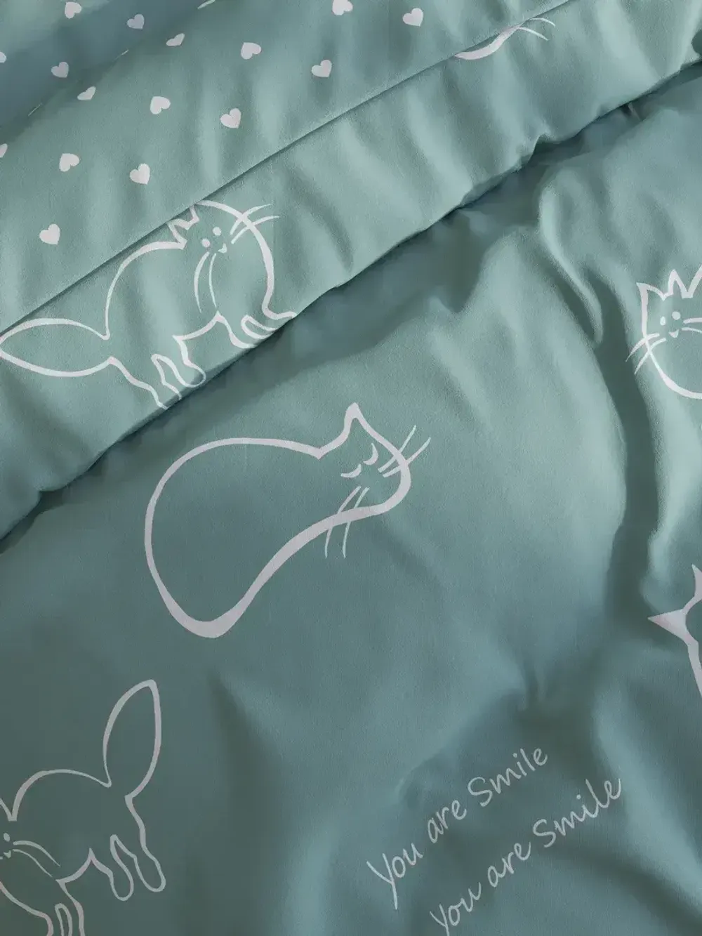 Постельное белье "КОТИКИ (мята)/Nicol" 1,5-сп наволочка 50х70 1шт Простынь 150х215 см Пододеяльник 145х215 см Сказка сатин