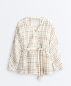 Oysho Рубашка-кимоно в клетку, экрю