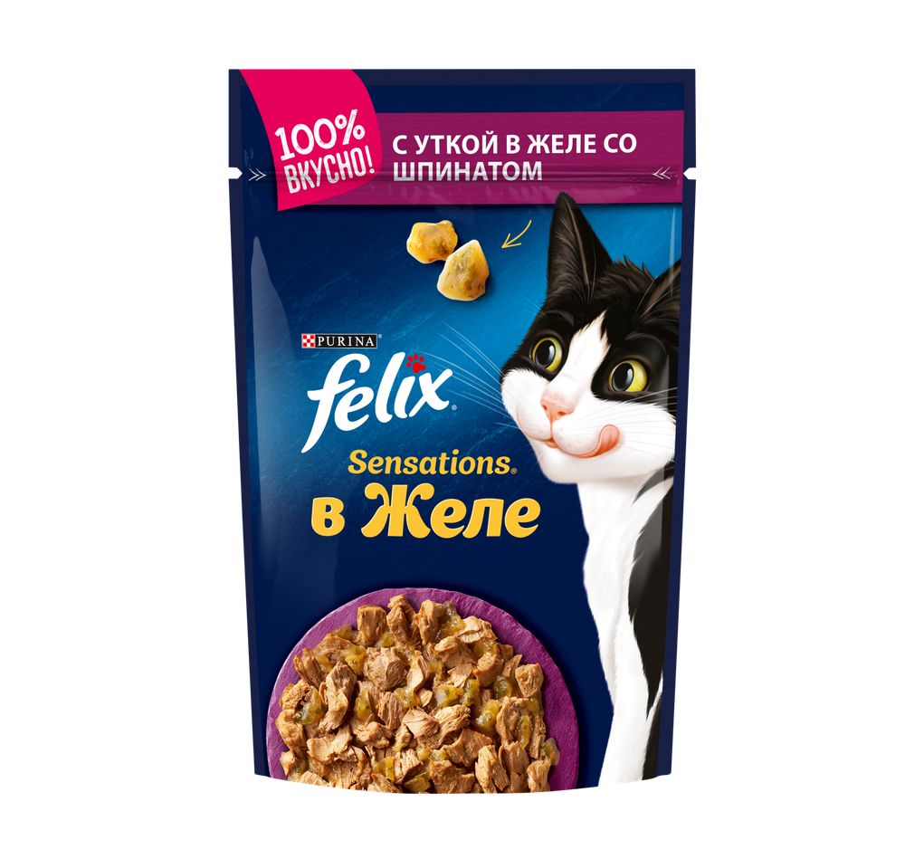 Влажный корм для кошек Felix Sensations в желе с уткой и шпинатом 75 г