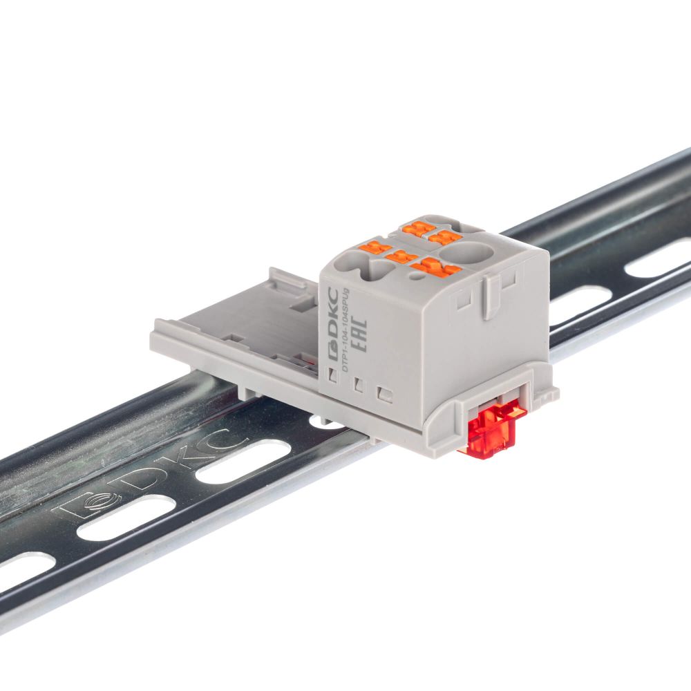 Блок распределительный с верт. адаптером на рейки шириной 15/35мм, зажим push-in, 1 ввод 6 кв.мм, 4 точки подключения 2,5 кв.мм, красный