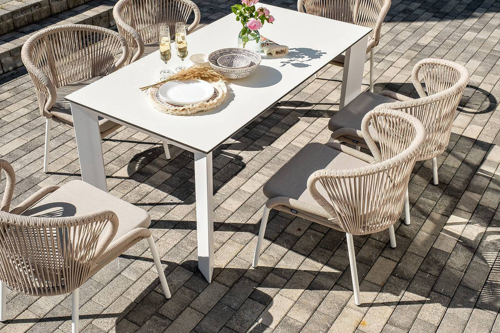 "Венето" обеденная группа на 6 персон со стульями "Милан", каркас белый, роуп бежевый