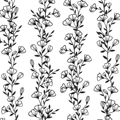 Цветы, бутоны, листья, ветки собраны в вертикальный орнамент.