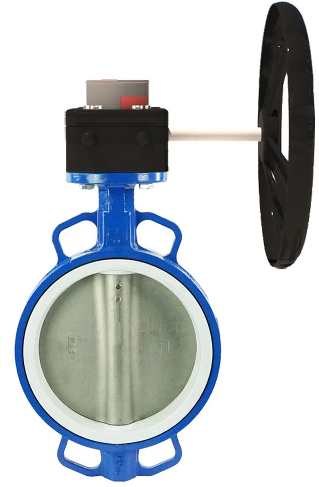 Válvula de mariposa para agua Elephant WCB-316L-VITON material del cuerpo - Acero al carbono WCB, material del disco - Acero inoxidable AISI 316L, sello - Viton accionada por engranaje Elephant HGB, indicador de posición