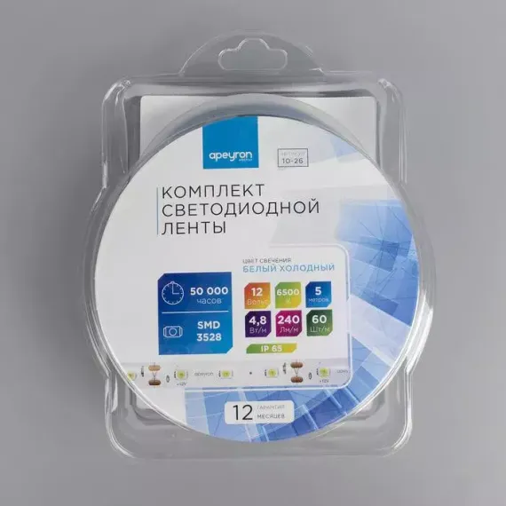 Комплект светодиодной ленты Apeyron Electrics 5 м., IP65, SMD3528, 60 LED/м., 12 В, 6500К, Apeyron electrics (7328378)