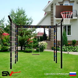 Уличная шведская стенка Sv Sport рукоход с комплектом турник прямой 2шт У5297К (Турник/Деревянные/Щит баскет/Кронш бокс/Сетка)