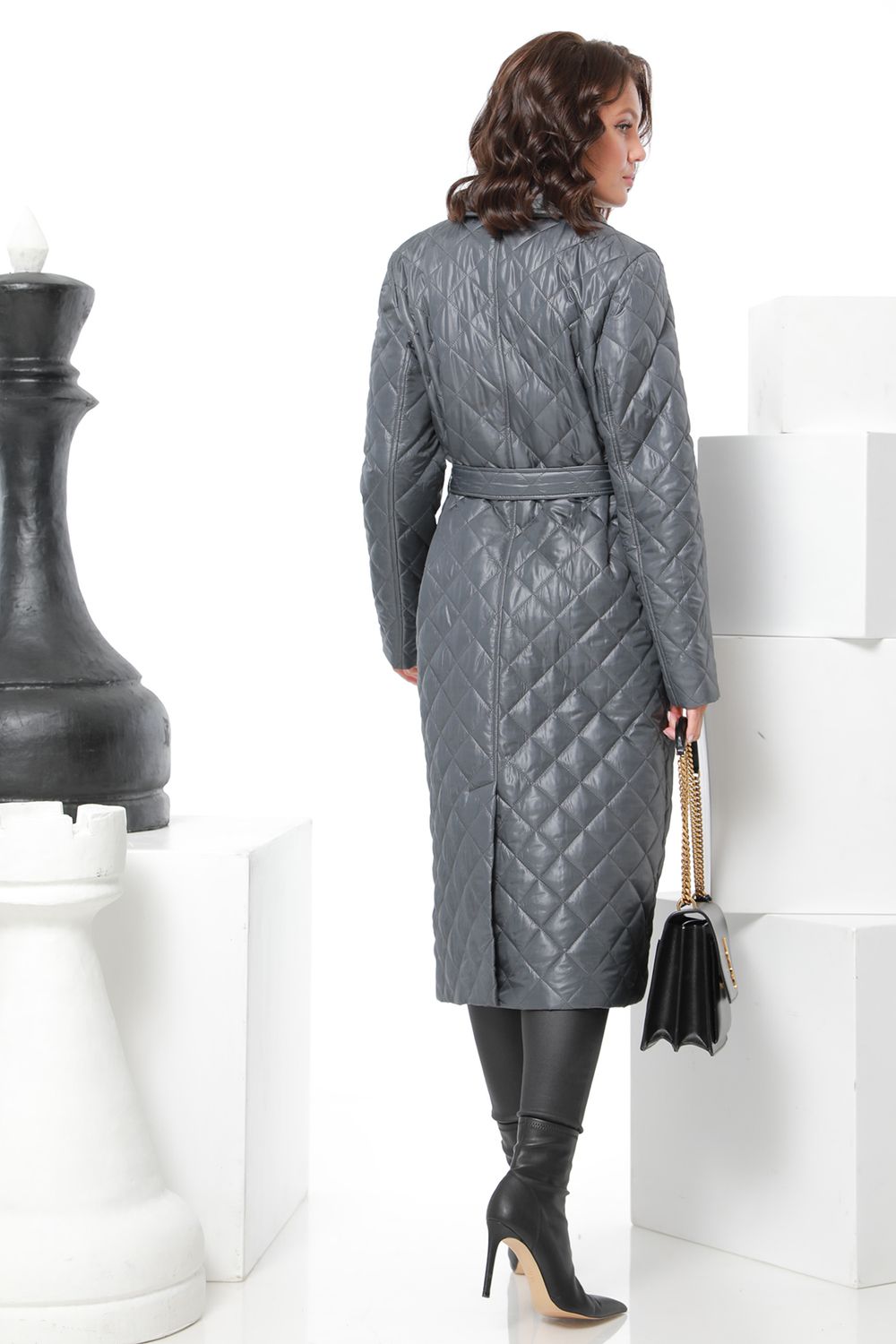 Пальто стеганое серое с поясом DStrend (Акция)