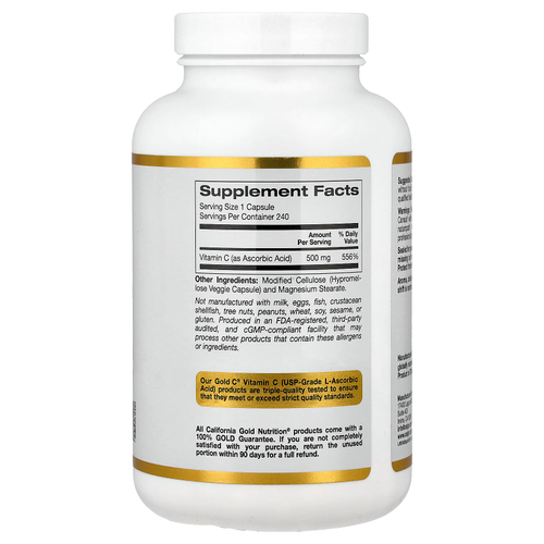 California Gold Nutrition, Gold C®, витамин C класса USP, 500 мг, 240 вегетарианских капсул